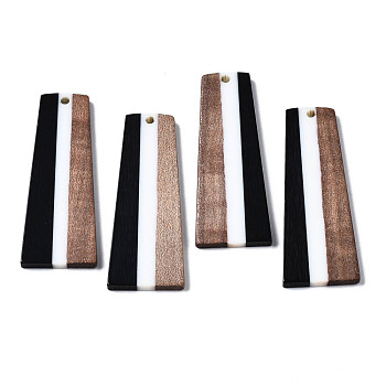 Resin & Walnut Wood Pendants, Trapezoid, Black, 49x19x3mm, Hole: 2mm