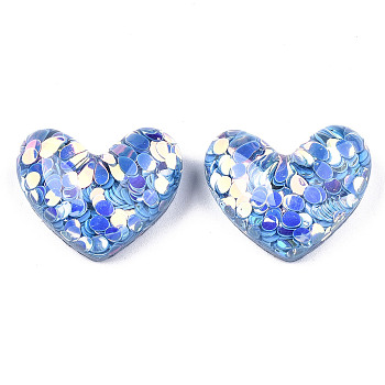 Acrylic Cabochons, with Glitter Sequins, Heart, Cornflower Blue, 19.5x24x9mm