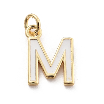 Rack Plating Brass Pendants, with Enamel and Jump Ring, Cadmium Free & Lead Free, Long-Lasting Plated, Real 18K Gold Plated, Letter, Letter M, 11.5x9x1mm, Hole: 2.5mm