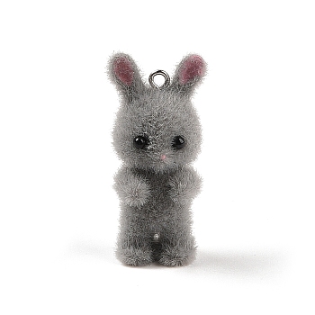 Flocking Resin Cute Bunny Pendants, Rabbit Charms with Platinum Plated Iron Loops, Gray, 40x18x15mm, Hole: 2mm
