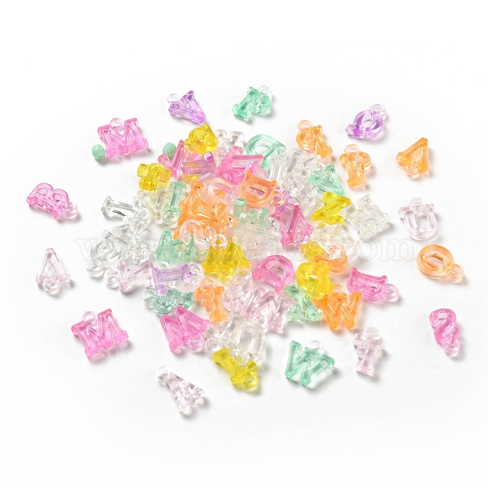 Transparent Acrylic Charms, Random Mixed Letters, Mixed Color,  12.5~14.5x8.5~12.5x3.5mm, Hole: 2.3mm, about 9300pcs/1.5kg