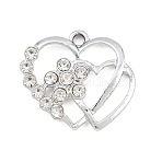 Alloy Rhinestone Pendants, Double Heart Charms, Platinum, 18x20.5x4mm, Hole: 1.8mm(RB-CBA332B-04A-P)