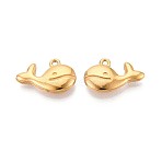 304 Stainless Steel Pendants, Whale Charm, Ion Plating(IP), Real 18K Gold Plated, 12x18.5x4mm, Hole: 1.2mm(STAS-T065-22G)