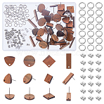 20 Pairs 4 Style Flat Round & Rhombus & Triangle & Rectangle Wood Stud Earring Findings, with Holes, with 50Pcs Stainless Steel Jump Rings and 50Pcs Ear Nuts, Coconut Brown, 13~20x6.5~17mm, Hole: 1~1.8mm, Pin: 0.6~0.7mm, 5 Pairs/style(DIY-DC0002-86)