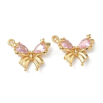 Brass Micro Pave Cubic Zirconia Pendants, Nickel Free, Real 18K Gold Plated, Bowknot Charms, Misty Rose, 15x19x6mm, Hole: 1.4mm(KK-Z136-47G-02)