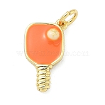 Brass Pendants, Pickleball Paddle Charms, with Enamel, Cadmium Free & Lead Free, Rack Plating, Long-Lasting Plated, with Jump Ring, Real 18K Gold Plated, Orange, 17x10x2mm, Hole: 3.3mm(KK-C156-19G-04)