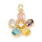 Brass Micro Pave Cubic Zirconia Pendants, Cadmium Free & Lead Free, Real 18K Gold Plated, Flower Charms, Colorful, 17.5x16x5.5mm, Hole: 3.5mm(KK-D258-03G-01)
