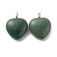 Natural Green Aventurine Pendants, Heart Charms, with Rack Plating Platinum Tone Brass Snap on Bails, 32~33x30~31x12~13mm, Hole: 5x8mm(G-B042-02P-03)