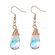 Teardrop Dangle Earrings, AB Color Half Electroplated Glass Faceted Twist Pendant Earring with Eco-Friendly Round Copper Wire Wrapped, 304 Stainless Steel Jewelry for Women, Real 18K Gold Plated, 45mm, Pin: 0.7mm(EJEW-JE05159-01)