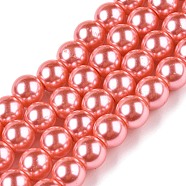 Baking Painted Pearlized Glass Pearl Round Bead Strands, Salmon, 8~9mm, Hole: 1mm, about 100~105pcs/strand, 31.4 inch(HY-Q330-8mm-77-A)