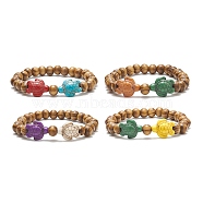 Dyed Synthetic Turquoise(Dyed) Tortoise & Natural Wood Beaded Stretch Bracelet for Women, Mixed Color, Inner Diameter: 2-1/8 inch(5.3cm)(BJEW-JB09147)