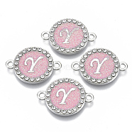 Alloy Enamel Links Connectors, with Crystal Rhinestones, Flat Round with Letter, Silver Color Plated, Letter.Y, 22x16x2mm, Hole: 1.8mm(ENAM-TAC0003-01S-03Y)