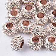 Polymer Clay Rhinestone European Beads, with Brass Single Cores, Large Hole Beads, Rondelle, Light Gold, Crystal, PP11(1.7~1.8mm), 11x8mm, Hole: 5mm(X-RB-S055-16B)