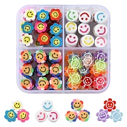 120Pcs 4 Style Smiling Face Beads for DIY Jewelry Making Finding Kits, Including Flat Round Acrylic Beads, Flower Polymer Clay & Resin Beads, Mixed Color, 9.5~11x4.5~5mm, Hole: 1.2~2.5mm, 30pcs/style(DIY-YW0005-10)