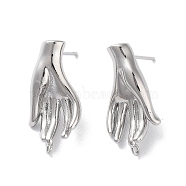 Brass Stud Earring Findings, Palm, Real Platinum Plated, 23.5x12mm, Hole: 1.2mm, Pin: 0.8mm(KK-E107-10P)