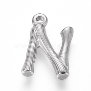 304 Stainless Steel Pendants, Bamboo Shaped Letter, Stainless Steel Color, Letter.N, 17.5~19x10~16x3~4mm, Hole: 1.8~2mm(STAS-G214-38P-N)