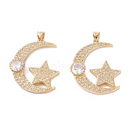 Brass Micro Pave Clear Cubic Zirconia Pendants, Long-Lasting Plated, Moon with Star, Real 18K Gold Plated, 32.5x27.5x4mm, Hole: 4.5x3.5mm(ZIRC-M116-11G)
