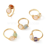5Pcs 5 Style Natural Mixed Gemstone Round Finger Rings Set, Golden Copper Wired Wrap Rings, US Size 8 1/2(18.5mm), 1Pc/style(RJEW-JR00590-01)