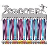 Fashion Iron Medal Hanger Holder Display Wall Rack, 20 Hooks, with Screws, Word SOCCER, Silver Color Plated, 139x400mm(ODIS-WH0037-004)