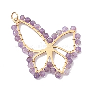 Natural Amethyst Faceted Pendants, 201 Stainless Steel Butterfly Charms, Golden, 34x36x3mm, Hole: 3.6mm(PALLOY-JF02564-02)