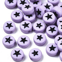 Opaque Acrylic Beads, with Enamel, Flat Round with Star, Lilac, 7x4mm, Hole: 1.5mm, about 3416pcs/500g(MACR-N008-32E)
