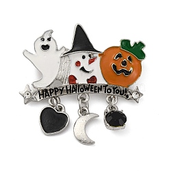 Zinc Alloy Crystal Rhinestone Brooch, Halloween Ghost Pumpkin Heart Enamel Pins for Clothes Backpack, Mixed Shapes, 38.5x41mm(JEWB-I033-02A)