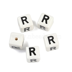 Porcelain Beads, Square with Letter, Letter R, 8.5x8.5x8.5mm, Hole: 1.6mm(PORC-R003-08R)