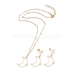 Pendant Necklace and Dangle Stud Earring Jewelry Sets, with Alloy Pendant, Brass Stud Earring Findings, Brass Bar Link Chains and Lobster Claw Clasps, Moon, Golden, 16.33 inch(41.5cm), 40mm, Pin: 0.8mm(SJEW-JS01084-01)