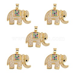 5Pcs Eco-Friendly Brass Micro Pave Colorful Cubic Zirconia Pendant, Long-Lasting Plated, Elephant, Real 18K Gold Plated, 21x28x5mm, Hole: 3.5x5mm(ZIRC-SZ0002-08)