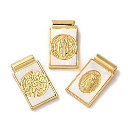 Rack Plating Religion Brass Pave Shell Rectangle Pendants, Virgin Mary/Coin Cross/Saint Benedict Medal Charms, Lead Free & Cadmium Free, Long-Lasting Plated, Real 18K Gold Plated, 24x14x4.5mm, Hole: 2mm(KK-K345-14G)