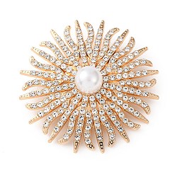 Sunflower Alloy Crystal Rhinestone Brooches, with Plastic Imitation Pearl Beads, Golden, 49mm(JEWB-P054-04G)