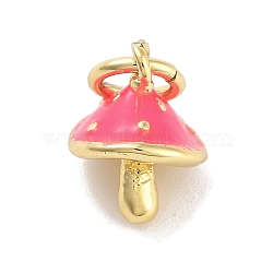 Real 18K Gold Plated Rack Plating Brass Enamel Charms, with Jump Ring, Long-Lasting Plated, Lead Free & Cadmium Free, Mushroom Charm, Deep Pink, 9x7.5x7.5mm, Hole: 3mm(KK-M293-23G-02)