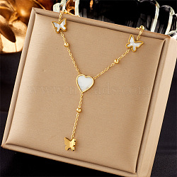 304 Stainless Steel Cubic Zirconia Pendant Necklaces, with Shell, Golden, Heart, 15.75 inch(40cm)(FS-WG8DFC4-07)