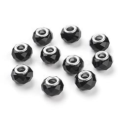 Handmade Glass European Beads, Large Hole Beads, Silver Color Brass Core, Black, 14x8mm, Hole: 5mm(GPDL25Y-C27)
