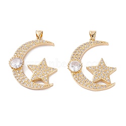 Brass Micro Pave Clear Cubic Zirconia Pendants, Long-Lasting Plated, Moon with Star, Real 18K Gold Plated, 32.5x27.5x4mm, Hole: 4.5x3.5mm(ZIRC-M116-11G)