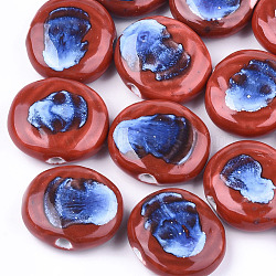 Handmade Porcelain Beads, Fancy Antique Glazed Porcelain, Flat Round, Red, 23~24x24~27x9~10mm, Hole: 3mm(X-PORC-S498-45H)