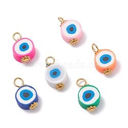 Handmade Polymer Clay Pendants, with Golden Tone Iron & Alloy Findings, Flat Round with Evil Eye, Mixed Color, 15~16x9x4.5mm, Hole: 3X3.6mm(PALLOY-JF01236)