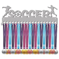 Fashion Iron Medal Hanger Holder Display Wall Rack, 20 Hooks, with Screws, Word SOCCER, Silver Color Plated, 139x400mm(ODIS-WH0037-004)