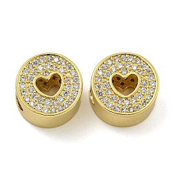 Rack Plating Brass Micro Pave Cubic Zirconia Beads, Long-Lasting Plated, Cadmium Free & Lead Free, Flat Round with Heart, Real 18K Gold Plated, 12x8mm, Hole: 4.5mm(KK-I718-36G)