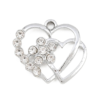 Alloy Rhinestone Pendants, Double Heart Charms, Platinum, 18x20.5x4mm, Hole: 1.8mm