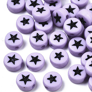 Opaque Acrylic Beads, with Enamel, Flat Round with Star, Lilac, 7x4mm, Hole: 1.5mm, about 3416pcs/500g