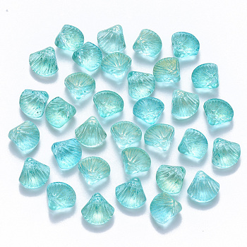Transparent Spray Painted Glass Beads, Top Drilled Beads, with Glitter Powder, Scallop Shape, Turquoise, 10x10.5x6mm, Hole: 1mm