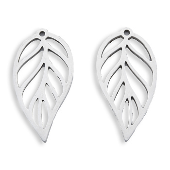 201 Stainless Steel Pendants, Hollow, Leaf, Stainless Steel Color, 30.5x15.5x1.5mm, Hole: 1.4mm