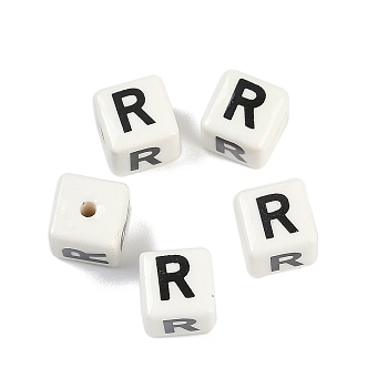 Porcelain Beads, Square with Letter, Letter R, 8.5x8.5x8.5mm, Hole: 1.6mm