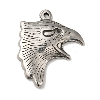 304 Stainless Steel Pendants, Eagle Head Charms, Antique Silver, 29x24x4mm, Hole: 1.6mm
