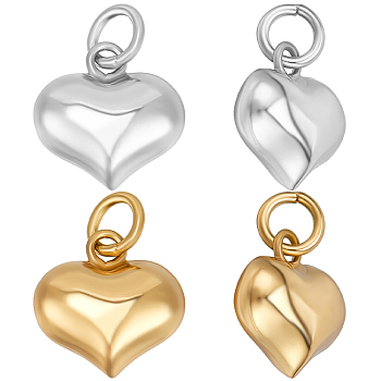 2Pcs 2 Colors 925 Sterling Silver Puffed Heart Charms with Jump Rings, Golden & Silver, 10x10x5mm, Hole: 3mm, 1pc/color