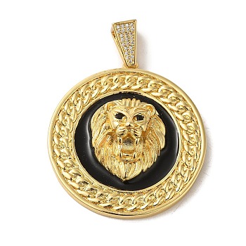 Brass Micro Pave Clear Cubic Zirconia with Enamel Pendants, Real 18K Gold Plated, Lion, 47x43x12mm, Hole: 10.5x6.5mm