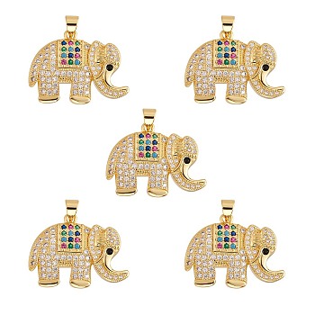 5Pcs Eco-Friendly Brass Micro Pave Colorful Cubic Zirconia Pendant, Long-Lasting Plated, Elephant, Real 18K Gold Plated, 21x28x5mm, Hole: 3.5x5mm
