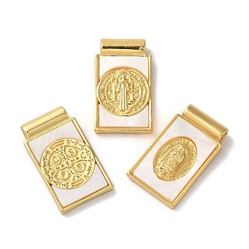 Rack Plating Religion Brass Pave Shell Rectangle Pendants, Virgin Mary/Coin Cross/Saint Benedict Medal Charms, Lead Free & Cadmium Free, Long-Lasting Plated, Real 18K Gold Plated, 24x14x4.5mm, Hole: 2mm