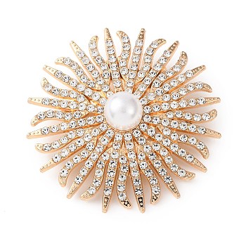 Sunflower Alloy Crystal Rhinestone Brooches, with Plastic Imitation Pearl Beads, Golden, 49mm